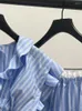 Kadın Polos bayanlar çizgili fırfırlı kenar uçan kollu bel bağlı bluz veya pilili A-line şort kadınlar taze set bahar yaz 2024