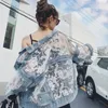 Chaquetas Mjer Summer Streetwear Haft haft koronkowy patchwork seksowna dżinsowa kurtka Kobiety bójki błykane luźne Korea Blue Jean Coat 3xl 240416