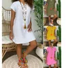 Sommer loser Feste Farbe kurzärmeliges V-Ausschnitt Baumwollwäsche Kleid Damen Aktienkleid 240428
