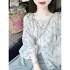 Frauenblusen O-Neck-Hemden für Frauen loser koreanischer Stil Blumenmuster All-Match Long Sleeve Spring Tops Elegant College Girls Chic Chic