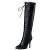 Botas Point Knee Alto Mujeres 2024 Cuero genuino Sexy Lace-up Tisos negros Party Fiest Long Lade Lady Tamaño 48