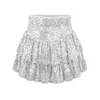 Kjolar glänsande paljett minikjol glittrande veckad med hög midja ruffle hem kvinnors streetwear