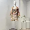 Casual Dresses Collection Top Quality Linen Pink Floral Printing Barock Lantern Sleeve Mini Self-Tie Vintage Women Wrap