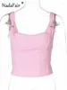 Frauen Tanks Nadafair Sommer Camis lässig dünne ärmellose Square Collar Crop Top Y2K Backless Mode sexy Geburtstagsfeier Rosa 2024