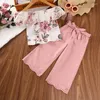 Kleidungssets 4-7 Jahre Kleinkind Girls 2pcs Sommeroutfits von Schulterblumendrucktops Weitbein Hosen Set Kids Mode Kleidung