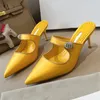 Silk satijnen muilezel naakt dames designer sandalen stiletto hakken schuif slippers kristal gesp gloemenglippen op koningin avondjurk schoenen puntige teen feest trouwschoenen