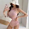 Swimsuit Korean Version Instagram Style One Piece Swimsuit for Women with Belly Covering and Slimming Effect, Revealing Waist, Conservative Bikini