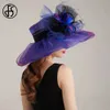 Chapeaux à bord large chapeau seau fs 2024 Purple Organza Carnival Cap Kentucky Derby Chapeaux pour femmes avec une épouse de mariage en maille St Patricks Fedoras Y240426