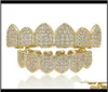 Зубная крышка грилл роскошные шины циркона зубы брекеты уличные модные рэперы Мужчины женщины 18 тыс. Золотая Rhodiium с медной хип -хоп грилл 2520642