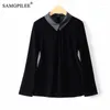 Women's Polos 2024 Autumn Turn Down Collar Back Buttoned Cardigan Korean Fashion Top Women Long Sleeve Black Slim Luxury Female T-shirts