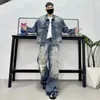 Men's Tracksuits Spring Loose Fit Hip Hop Mens Short Demin Jacket Wide Leg Jeans Two Piece Set Vintage Design Hole Ripped Personality Sets