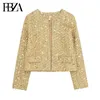 Damenjacken FBZA Frauen Fashion Spring Flip Pocket Crewneck Strickjacke Paillettenjacke Tweed Short Coats Chic Ladies Tops Mujer