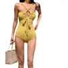 Women's Swimwear 2024 Yellow One Piece Swimsuit Women Monokini Bodysuit Korean Cross Swimming Bathing Suit Pool Beach Wear Summer