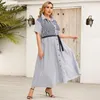 Casual Dresses Striped Color Block Belted Shirt Dress Women Summer Short Sleeve A-line Plus Size Office Maxi Long