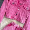 Jesienne kobiety różowe zestawy dżinsów Lapel Long Sleeve Krótka dżinsowa kurtka dżinsowa spódnica Koreańska kobieta z setami Streetwear 240420