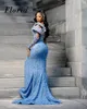 Sukienki na wybiegu jasnoniebieski afrykańska celebrytka z bocznym szczeliną długie rękawy przyjęcie weselne kryształy vestidos de noche suknia balowa