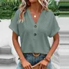 Women's Blouses Shirts 2023 New Womens Shirt Casual Jacquard Button V-neck Solid Loose Shirt Summer Short Sleve Extra Large Top Womens Y240426