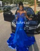 Plus Size Royal Blue Evening Dresses 2024 African O Neck Mermaid Black Women Prom Dress Sweep Train Applices Pärlade formella festklänningar ärmlös speciell födelsedag