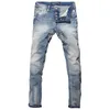 Włoski styl mody dżinsy retro jasnoniebieski elastyczny szczupły dopasowanie podarte przyciski spodnie Vintage Designer Denim Pants 240420