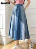 Seoulish ColorBlock Womens Denim Long kjolar Classic High Wasit Paraply Jeans Female rakt A-line 240424