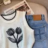 Les chandails pour femmes creux gilet en tricot sans manches pour les vêtements d'extérieur d'été O-cou élégant imprimé floral pull Pullover Fashion Girls Suspender Top
