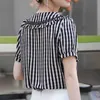 Women's Blouses Shirts Women Summer Style Striped Printed Blouses Shirts Lady Casual Short Puff Slve Peter Pan Collar Blusas Tops TT2536 Y240426