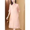 Vestidos de fiesta 2024 Moda Silk Color sólido Summer's Summer Style Chino Neck Standing Fit Fit Casual Holiday Vestidos