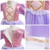 Girl Rapunzel -jurk voor kind Halloween Princess Cosplay kostuum voor verjaardagsfeestje geschenk paarse pailletten mesh kleding 240417