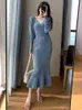 Casual Dresses Bodycon for Women 2024 V Neck Slim Fitted Midi Trumpet Dress Autumn Winter Long Sleeve Sticked