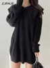 Lässige Kleider cjfhje Koreanische Mode Loose Turndown Kragen Pullover Mini Kleid weißer Pullover Langarm Frauen Herbst Schwarze Dame