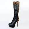 Stiefel Ashiofu handgefertigte klassische Damen Knie Round-Toe Sexy Club Party Plattform Leopard Fashion Winter Schuhe