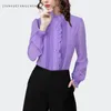 Women's Blouses 2024 Spring Women Purple Ruffles Blouse Long Sleeve Lace Top Elegant Slim Office Ladies Work Casual Shirts