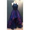 Prom lage sexy jurken hoog 2020 blauw halter kralen top organza sweep trein een lijn avond feestjurken formeel ocn slijtage op maat gemaakt