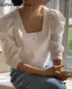 Frauenblusen Quadratkragen Spitzenhemden Kurzarm Ropa Mujer Single Breace Blusas Puff Camisas Frühlingssommer Tops