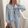 Kvinnors blusar kvinnor grundläggande slips främre toppar avslappnad fast färg doll krage lång ärmskjorta estetiska kläder chic koreanska blus streetwear