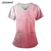 Camisetas femininas uniformes mulheres enfermagem esfolia tops tops slova curta estampa de mármore trabalhando com bolsos túnicos roupas de trabalho