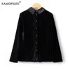 Women's Polos 2024 Autumn Turn Down Collar Back Buttoned Cardigan Korean Fashion Top Women Long Sleeve Black Slim Luxury Female T-shirts