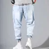 Herenjeans Koreaanse mode enkelband denim heren jeans zwart grijze vrachtheren elastische pocket harem broek straat kleding hiphop jeansl2404L2403