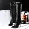 Botas Point Knee Alto Mujeres 2024 Cuero genuino Sexy Lace-up Tisos negros Party Fiest Long Lade Lady Tamaño 48