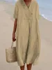 Robes décontractées de base coréen confortable Femme en lin en coton décontracté Robe d'été Nouveau coup de cou de cou courte robe slve femelle Style de plage robe lâche y240429