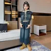 Zestawy odzieży Koreańska wiosenna jesień 3PCS Suit nastolatka dziewczyna pasiastka bluzy z kapturem dżinsowe dżinsy dżinsy dla dziewcząt 4-12 lat