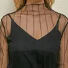 女性のブラウススタンドアップカラー長袖レースシャツメッシュ女性トップブラックセクシーなシアーフィッシュネット透明なトップスを見る