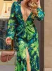 Vestidos casuais primavera no verão femme vestido de impressão feminina chic vesc pescoço de manga longa clube de festas no chão maxi verde floral maxi