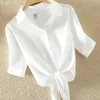 Casual White Blue for Women Elegant Solid Short Slve Shirt Bow Belt Midje Office Lady Tops Summer Clothes 19870 Y240426