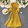 Casual Dresses Maxi Dress Women Spring Summer Elegant Patchwork Puff Long Sleeve Pleated Muslim Lady Ladies Party