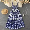 Women V-Neck Red Blue and White Print Pasp Spaghetti Holiday Maxi Dress Summer Runway Floral Print Długie szaty240416