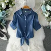 Casual White Blue for Women Elegant Solid Short Slve Shirt Bow Belt Midje Office Lady Tops Summer Clothes 19870 Y240426