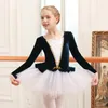 Scene Wear Girls Elegant Lace Dance Dress Tulle Tutu Fall/Winter Warm Plush Långärmad barns tights