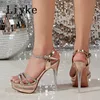 Liyke 2024 Fashion Crystal N Band Open Toe Silver Sandal Wedal Banquet Chaussures Platforms High Heels Sandalias 240424