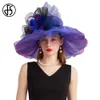 Breda brimhattar Bucket Hats FS 2024 Purple Organza Carnival Cap Kentucky Derby Hats For Women With Mesh Flower Wedding Bride Church St Patricks Fedoras Y240426